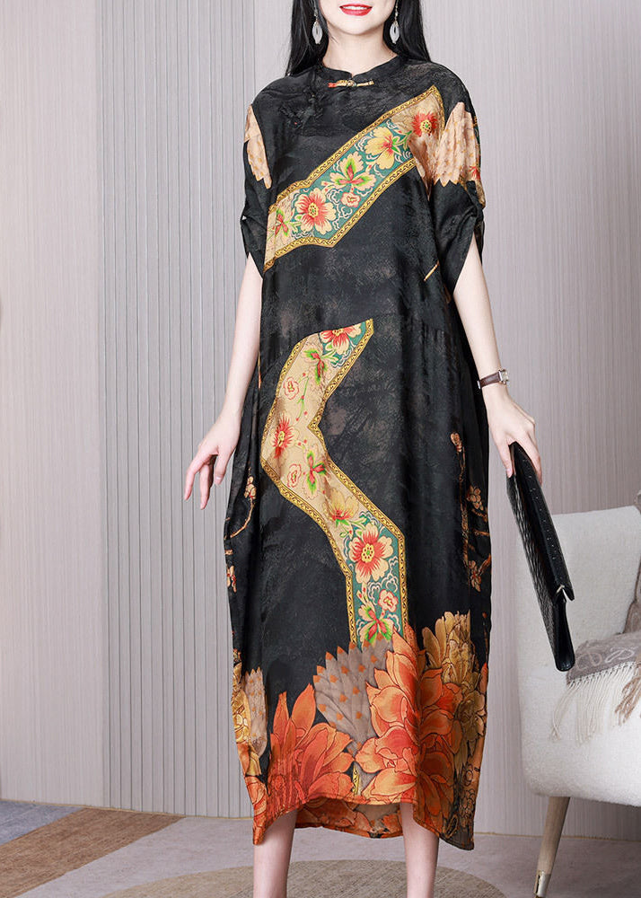 Black Print Patchwork Chinese Button Silk Long Dress Half Sleeve