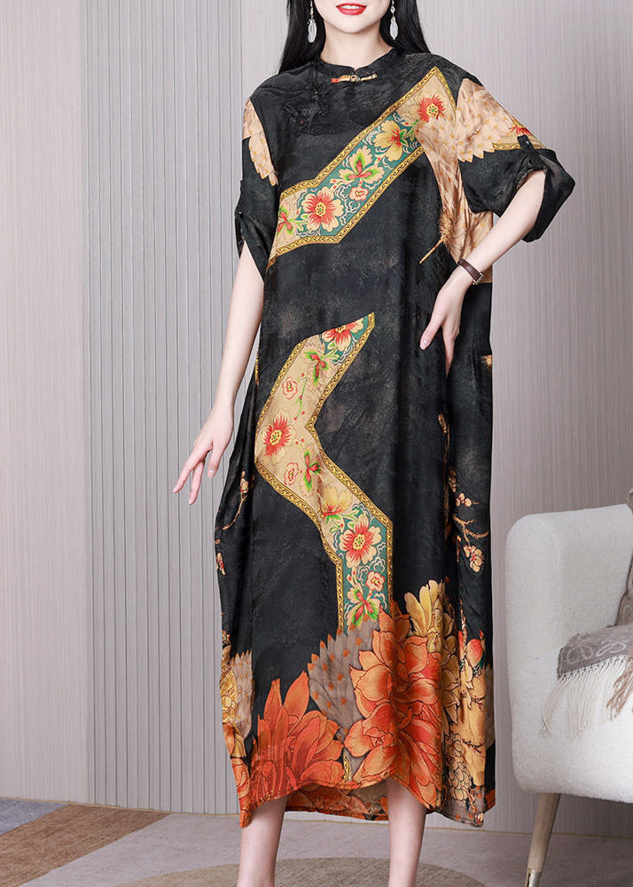 Black Print Patchwork Chinese Button Silk Long Dress Half Sleeve