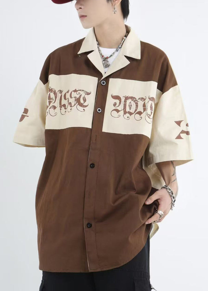 Black Print Patchwork Cotton Shirts Half Sleeve