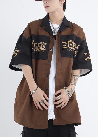 Black Print Patchwork Cotton Shirts Half Sleeve