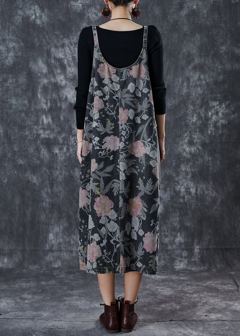 Black Print Patchwork Pocket Denim Cami Dress Spring