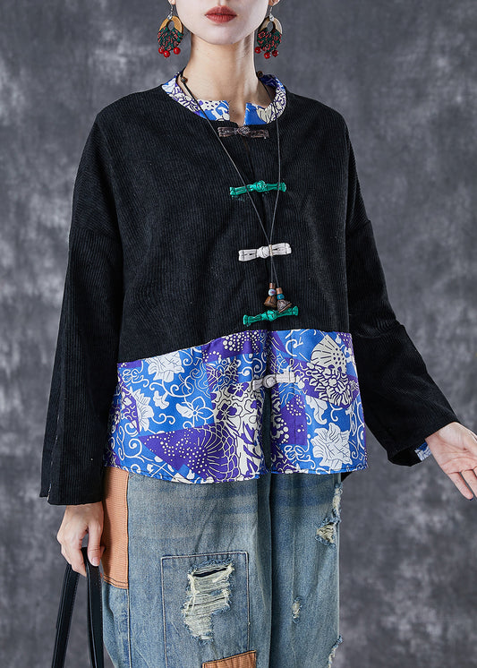 Black Print Patchwork Print Corduroy Coats Fall