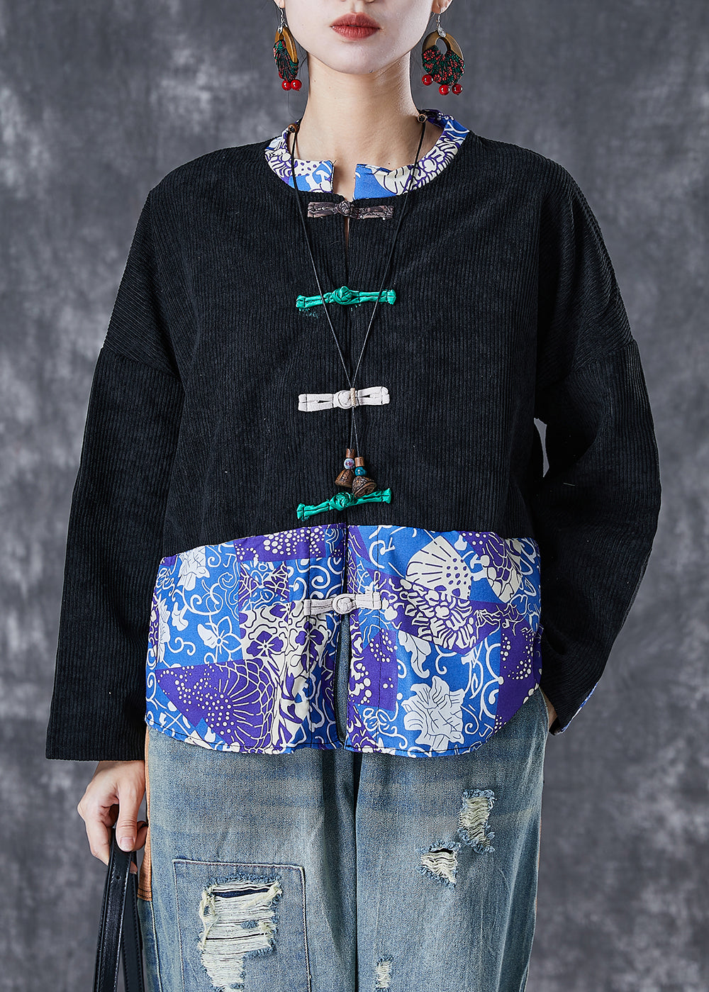 Black Print Patchwork Print Corduroy Coats Fall