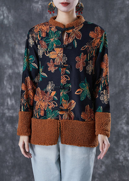 Black Print Patchwork Warm Fleece Coats Winter