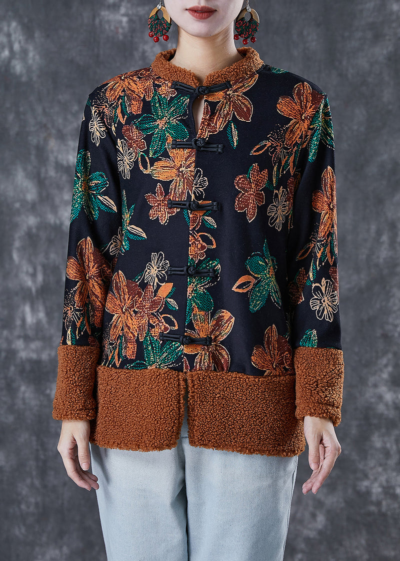Black Print Patchwork Warm Fleece Coats Winter