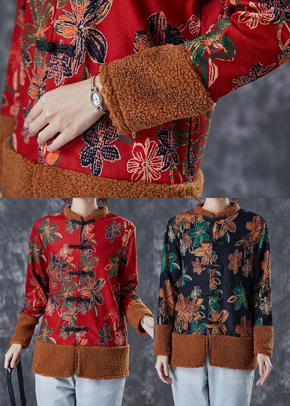 Black Print Patchwork Warm Fleece Coats Winter