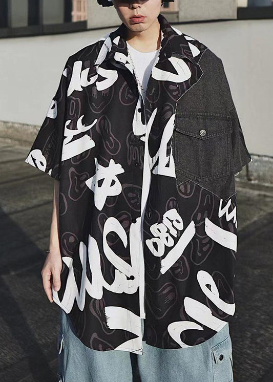 Black Print Pockets Denim Patchwork Shirts Summer