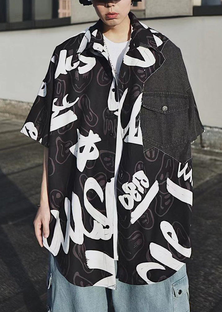 Black Print Pockets Denim Patchwork Shirts Summer