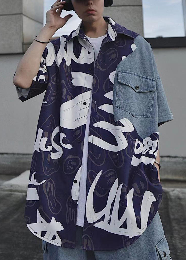 Black Print Pockets Denim Patchwork Shirts Summer