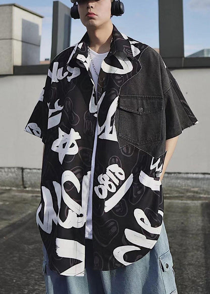Black Print Pockets Denim Patchwork Shirts Summer