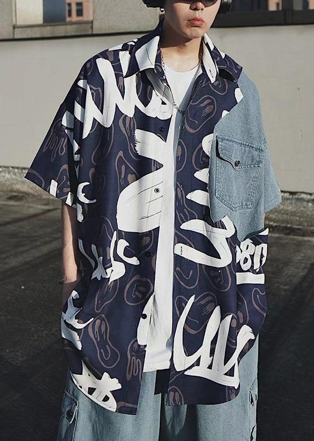 Black Print Pockets Denim Patchwork Shirts Summer