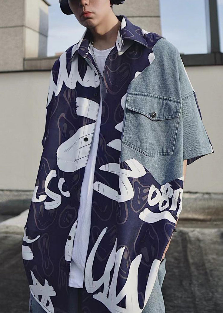 Black Print Pockets Denim Patchwork Shirts Summer