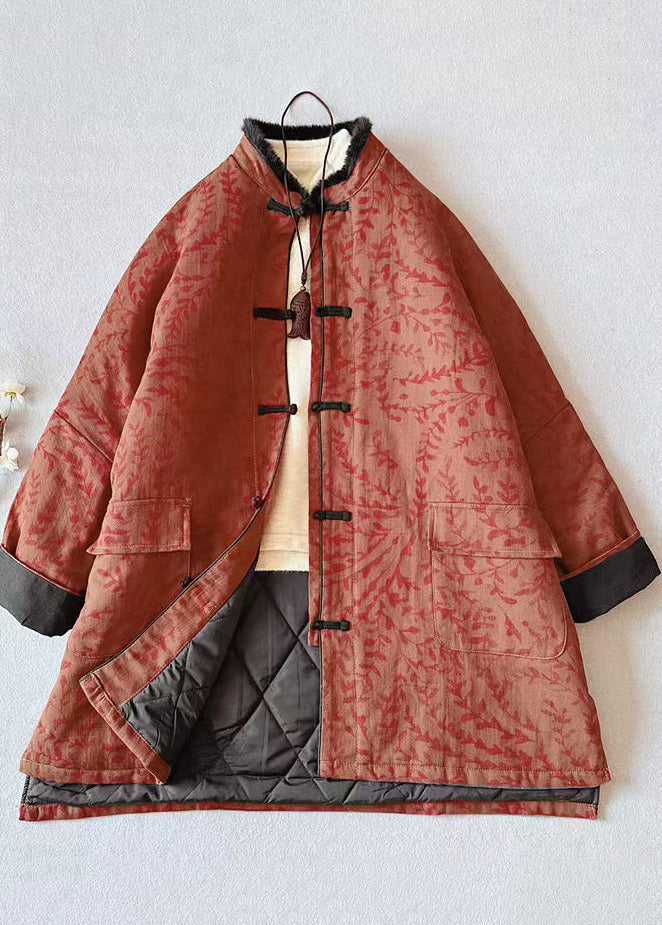 Black Print Pockets Fur Collar Patchwork Fine Cotton Filled Coat Winter