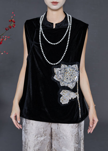 Black Sequins Mandarin Collar Silk Velour Vests Spring