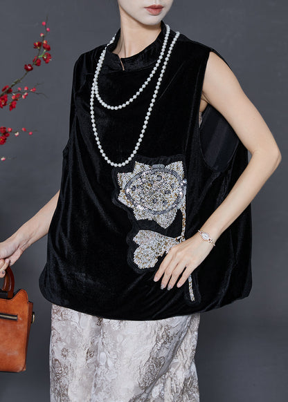 Black Sequins Mandarin Collar Silk Velour Vests Spring