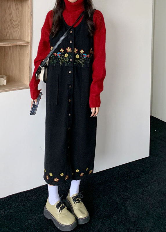 Black Slash Neck Embroidered Patchwork Button Denim Maxi Dress Sleeveless