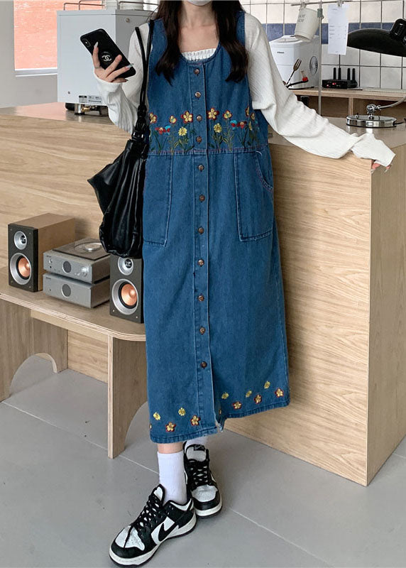 Black Slash Neck Embroidered Patchwork Button Denim Maxi Dress Sleeveless