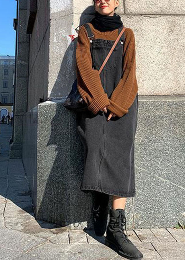 Black Slash Neck Patchwork Button Denim Long Dress Fall