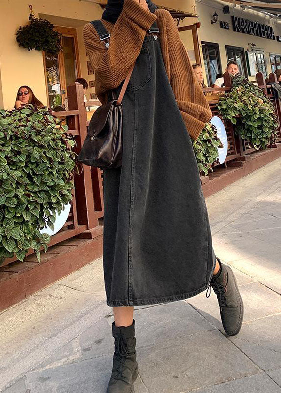Black Slash Neck Patchwork Button Denim Long Dress Fall