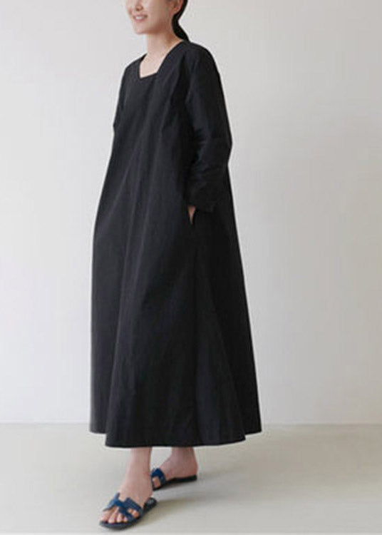 Black Square Collar Cozy Linen Maxi Dress Long Sleeve