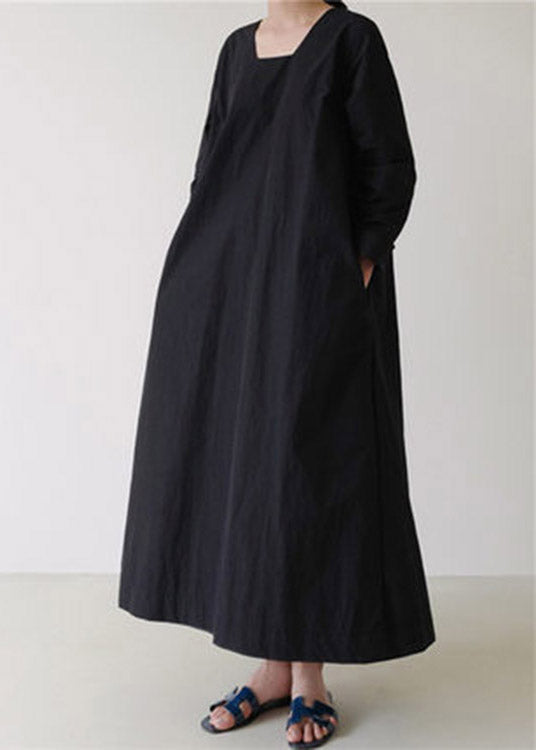 Black Square Collar Cozy Linen Maxi Dress Long Sleeve