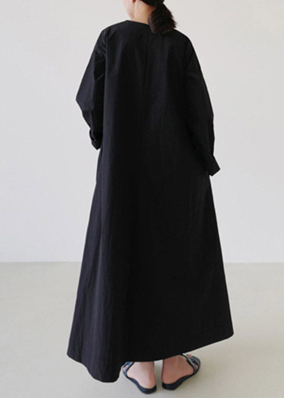 Black Square Collar Cozy Linen Maxi Dress Long Sleeve