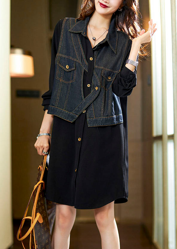 Black Square Collar Denim Patchwork Fake Two Pieces Mid Dress Long Sleeve