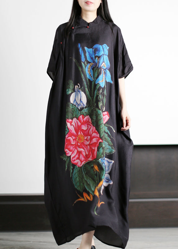 Black Stand Collar Asymmetrical Blue Print Silk Loose Dress Batwing Sleeve