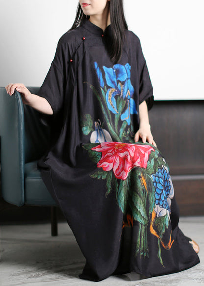 Black Stand Collar Asymmetrical Blue Print Silk Loose Dress Batwing Sleeve