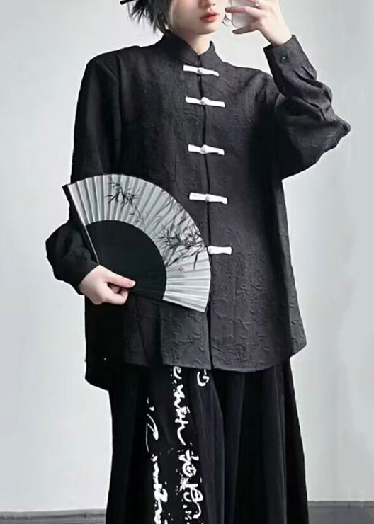 Black Stand Collar Chinese Button Patchwork Cotton Top Fall