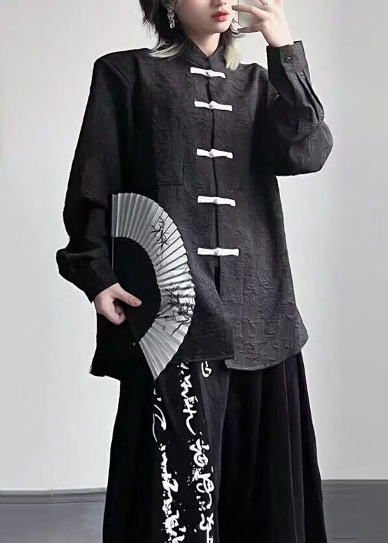 Vintage Black Stand Collar Chinese Button Patchwork Cotton Top Fall