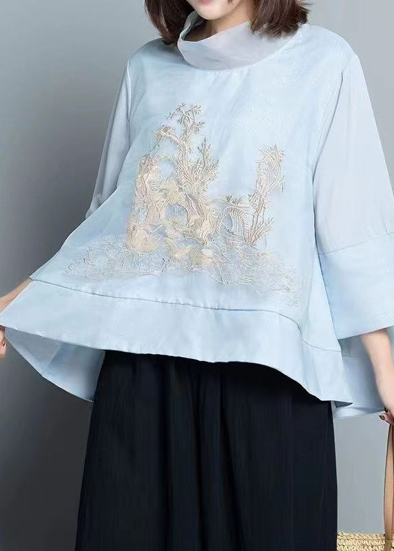 Black Stand Collar Embroidered Organza Blouse Top Spring