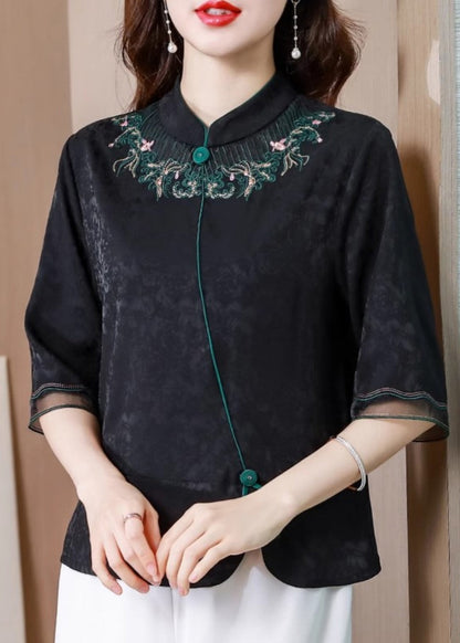 Black Stand Collar Embroidered Silk Blouse Top Summer