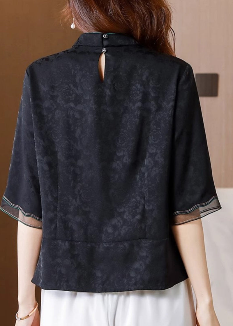 Black Stand Collar Embroidered Silk Blouse Top Summer