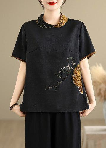 Black Stand Collar Embroidered Silk Shirt Top Summer