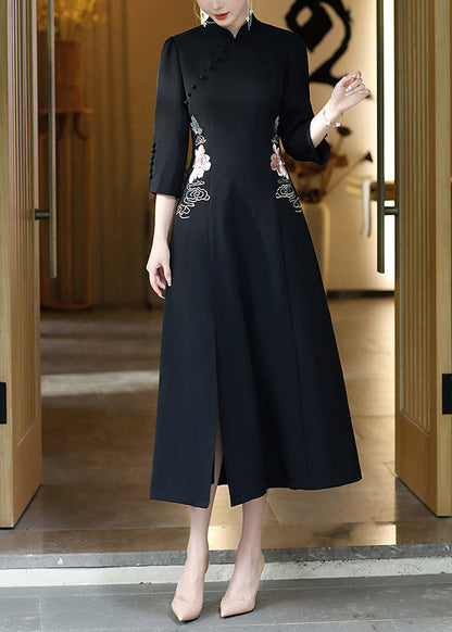 Black Stand Collar Embroideried Button Party Tulle Maxi Dress Long Sleeve