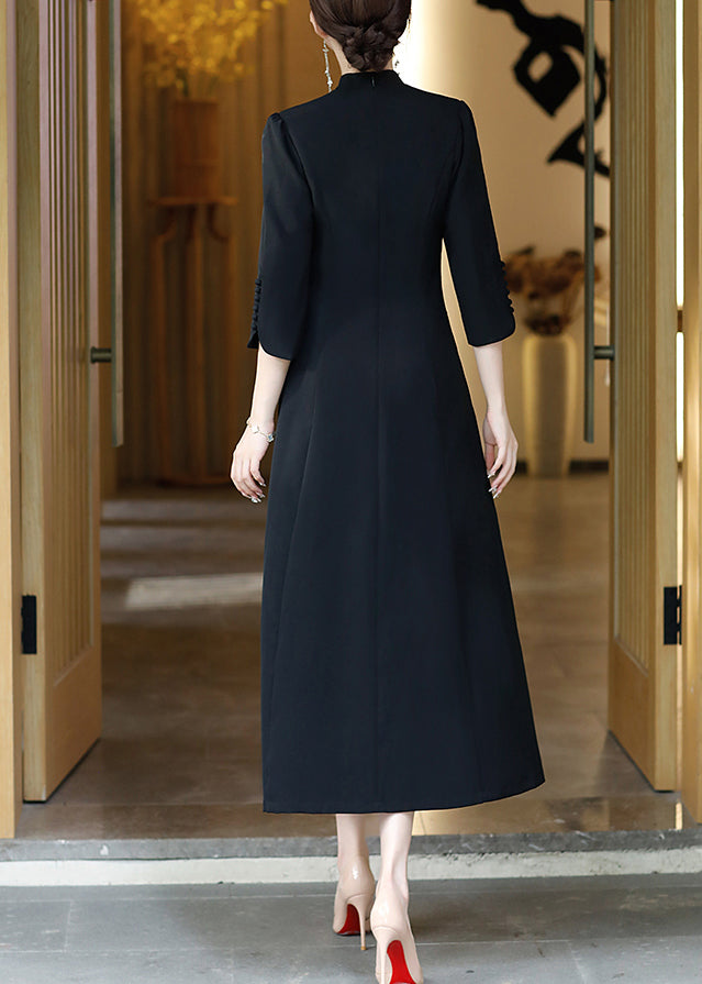 Black Stand Collar Embroideried Button Party Tulle Maxi Dress Long Sleeve