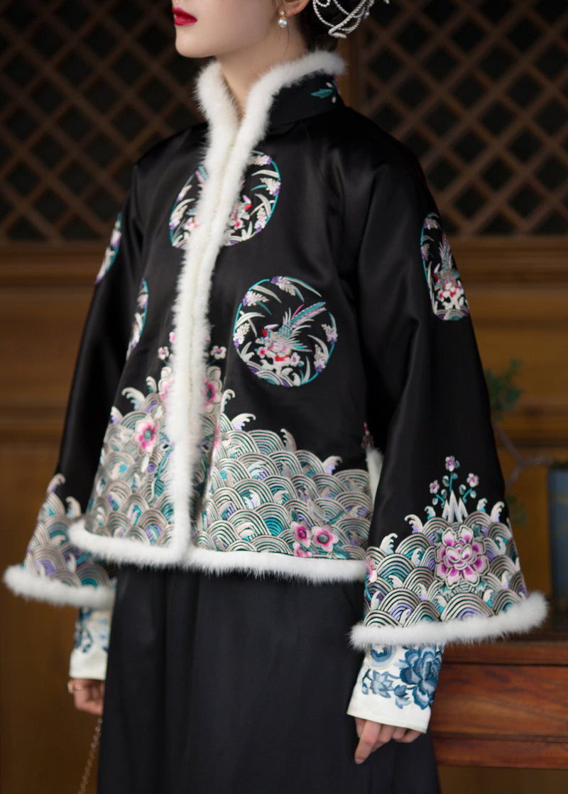 Black Stand Collar Embroideried Silk Thick Parka Long Sleeve