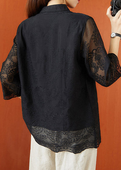 Black Stand Collar Embroideried Hollow Out Tops Half Sleeve