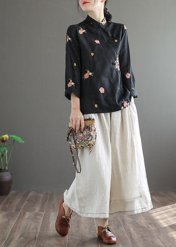 Black Stand Collar Embroideried Linen Shirt Long Sleeve