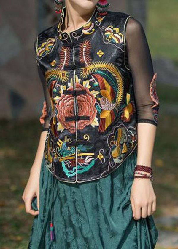 Black Stand Collar Embroideried Patchwork Silk Vest Sleeveless
