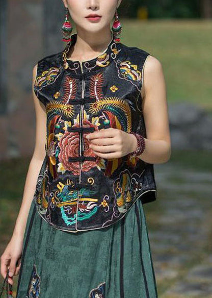 Black Stand Collar Embroideried Patchwork Silk Vest Sleeveless