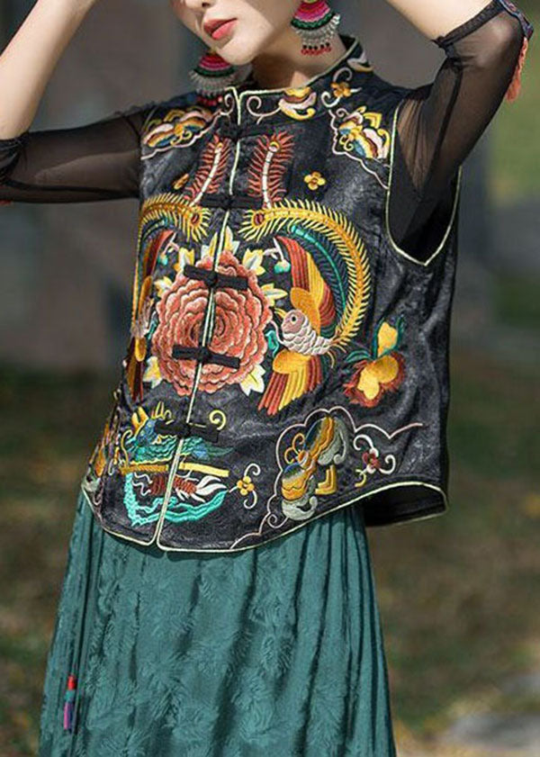 Black Stand Collar Embroideried Patchwork Silk Vest Sleeveless