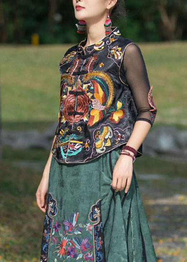 Black Stand Collar Embroideried Patchwork Silk Vest Sleeveless