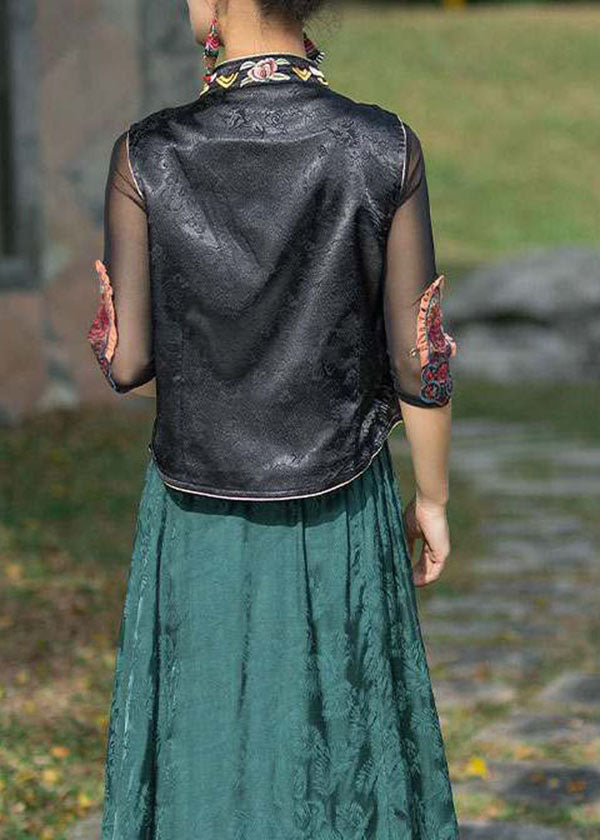 Black Stand Collar Embroideried Patchwork Silk Vest Sleeveless