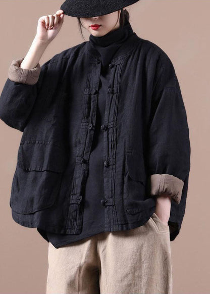 Black Fine Linen Jacket Cotton Filled Coat Winter