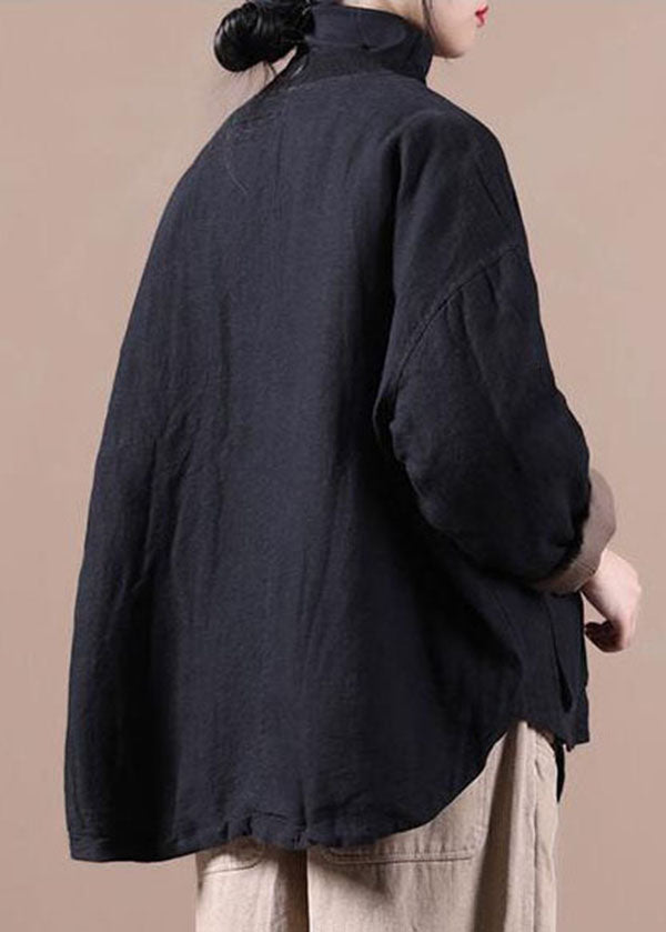 Black Fine Linen Jacket Cotton Filled Coat Winter