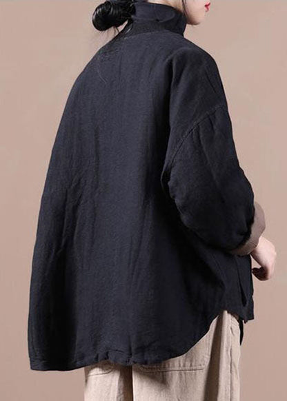 Black Fine Linen Jacket Cotton Filled Coat Winter