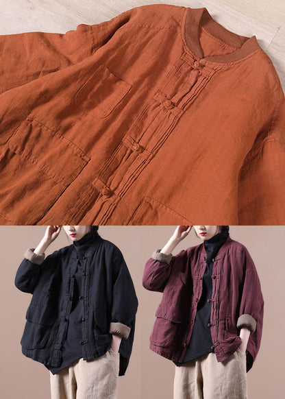 Black Fine Linen Jacket Cotton Filled Coat Winter