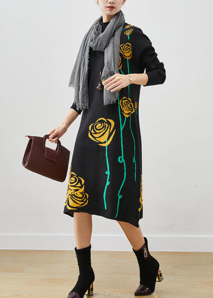 Black Stand Collar Jacquard Knit Long Dress Spring